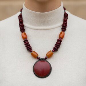 🌍 Ethnic Tribal Statement Choker Necklace - Amber & Red Wood Beads